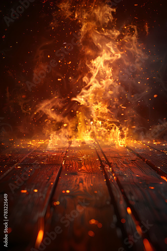 Fiery Inferno Engulfs Wooden Floor in Mysterious Setting, Generative AI