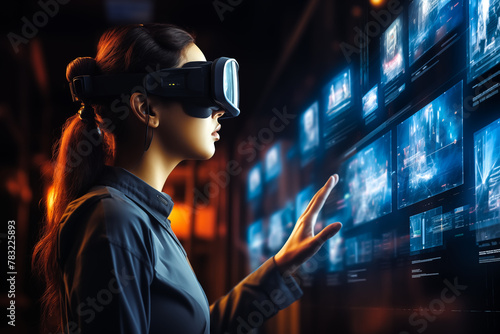 Woman with a glasses of Virtual Reality exploring the metaverse. VR headset and Girl. Modern technology and Technology of the future Concept. Generative Ai.