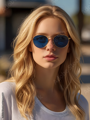 Portrait of a woman with long, flowing blonde hair with sunglass, wearing white t-shart.