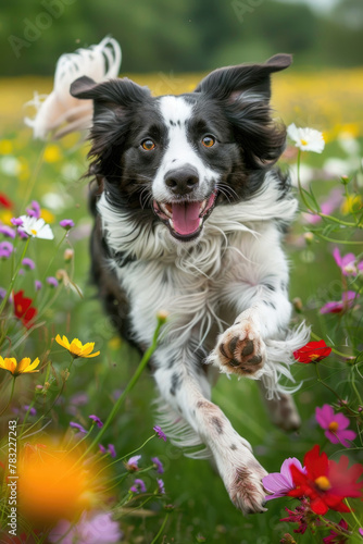 A black and white dog energetically runs through a beautiful field of colorful flowers, enjoying the freedom of the open space