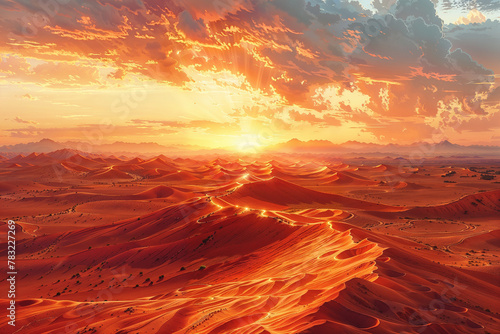 Sunset Horizon Over Red Sand Desert Dunes