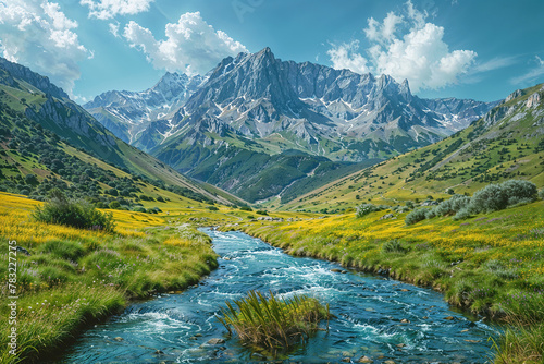 Mountain Stream in a Flower-Filled Alpine Valley