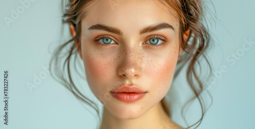 Young woman with freckles and blue eyes on light background