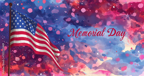 Vibrant Watercolor Splash American Flag, Patriotic Memorial Day Tribute with Copy Space