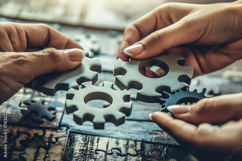 Hands piecing together a puzzle of gears, teamwork and synergy in problem-solving to grasp intricate concepts effectively. - obrazy, fototapety, plakaty 