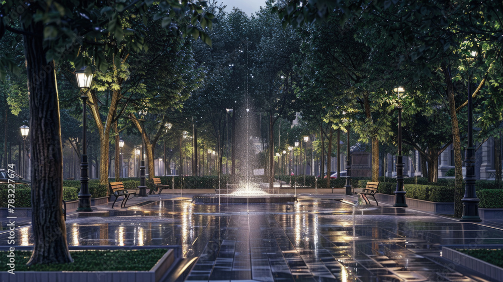 Obraz premium Benches and trees in a park illuminated by streetlights on a rainy night
