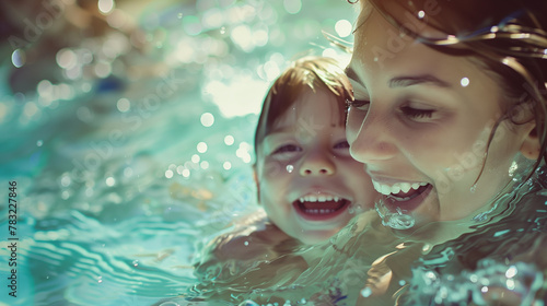 Portrait of little boy playing with his mother on swimming pool, enjoying summer vacation with water activities and games