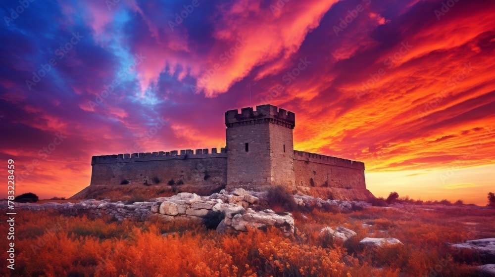 Castle under vibrant sky