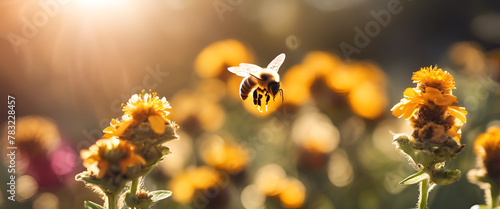 A busy bee hovers over vibrant yellow flowers, bathed in the warm golden light of a setting sun.