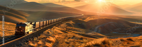 A freight train traverses a remote mountain pass, its cargo containers casting shadows under a golden sunset.
