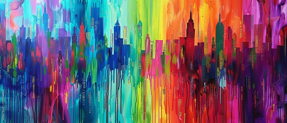 Generate a drip painting depicting a vibrant cityscape from the 90s, with skyscrapers rising amidst a sea of colorful frequencies, symbolizing economic prosperity