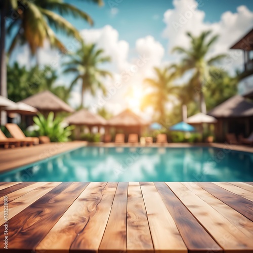  Wooden table pool bokeh background, empty wood desk product display mockup with blurry tropical hotel resort abstract poolside summer travel backdrop advertising presentation. Mock-up, copy space  © Land Stock