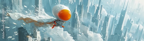 Generate a digital painting of a fried egg superhero, wearing a cape made of graphic cards, soaring through a white cityscape photo