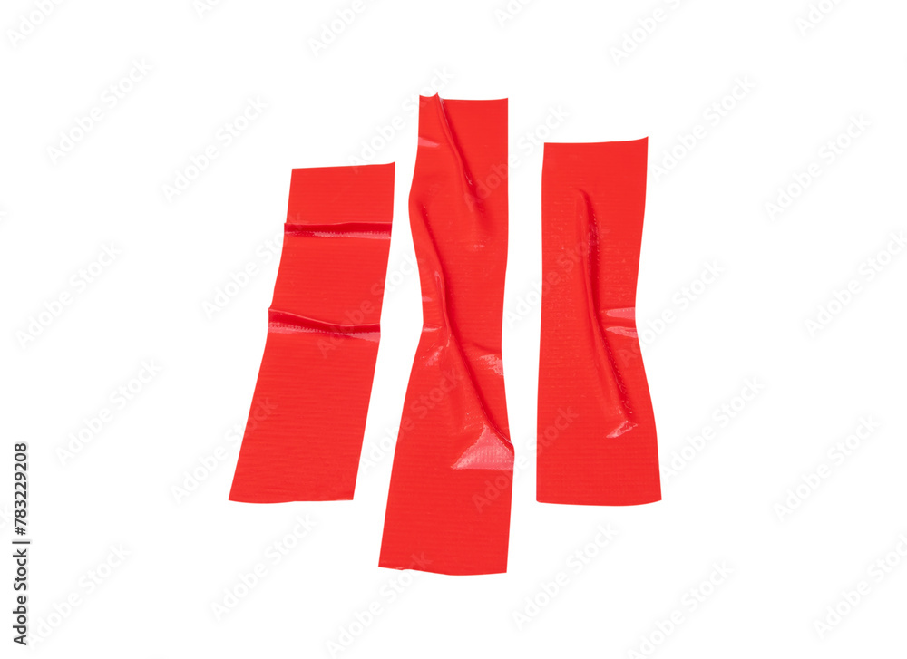 Top view set of wrinkled red adhesive vinyl tape or cloth tape in stripes isolated on white background with clipping path Top view set of wrinkled red adhesive vinyl tape or cloth tape in stripes isolated on white background with clipping path