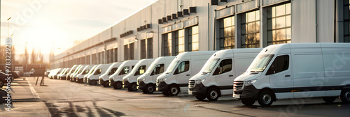 A fleet of delivery vans lines up outside a distribution center, ready to transport packages to customers.