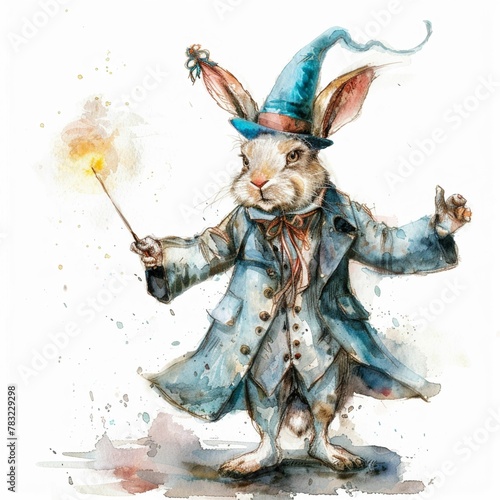 Rabbit magician in costume with hat and wand, illustrated in watercolor against a white background photo