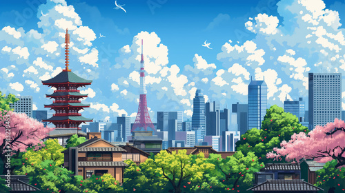 Neotokyo Japan skyline 16-bit pixel art style sega game background photo