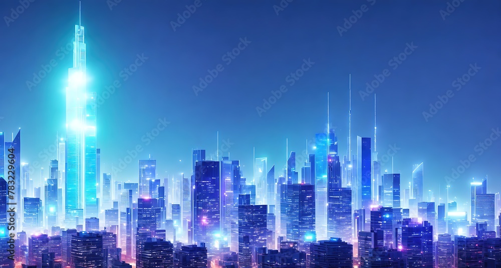 A futuristic city skyline with tall buildings and bright lights illuminating the sky. The buildings are made of glass