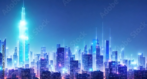 A futuristic city skyline with tall buildings and bright lights illuminating the sky. The buildings are made of glass © Miklos