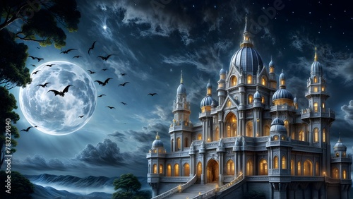 digital artwork of a majestic castle under a celestial sky with a full moon and flying bats