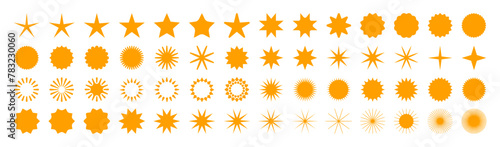 Set of orange starburst. Price sticker, sale sticker, price tag, starburst, quality mark, retro stars, sale or discount sticker, sunburst badges, sun ray frames, promotional badge set, shopping labels