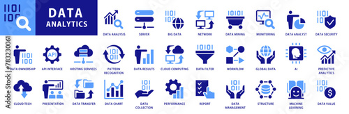 Data analytics icon set. Data Analysis Technology Symbols Concepts. With Concepts like data security, analytics, Mining, network, server, Monitoring Icons. Dual Colors Flat Icons Vector Collection