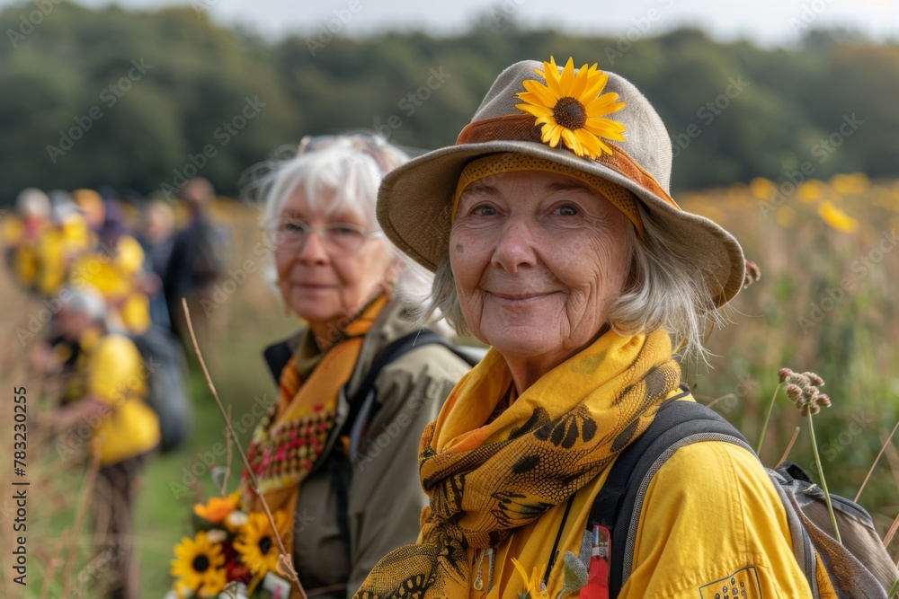 A woman with a sunflower hat smiles at the camera, her friend in the background. A woman with a sunflower hat smiles at the camera, her friend in the background.