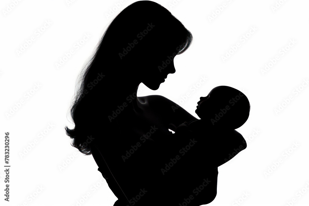 Silhouette of a girl with a baby in her arms on a white background