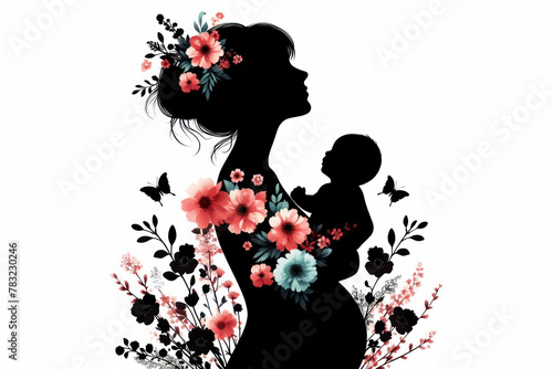 Silhouette of a girl in flowers with a baby in her arms on a white background