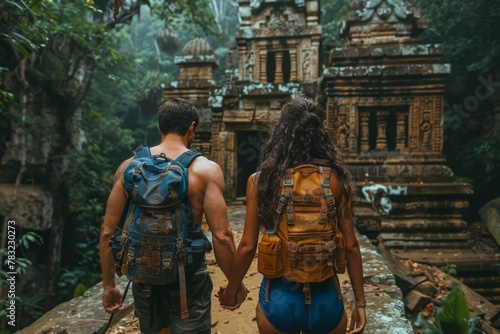 A couple holding hands facing ancient temple ruins in a jungle. © Good AI