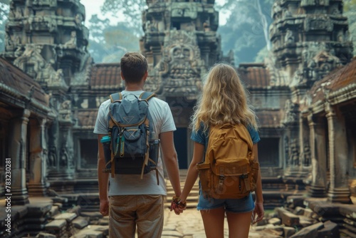 A couple holding hands facing ancient temple ruins in a jungle.
