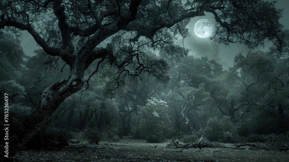 A dark and dense forest filled with numerous towering trees, creating a shadowy and eerie atmosphere