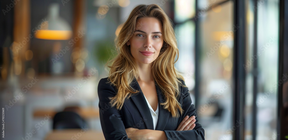 Fototapeta premium Casual professional woman smiling in a vibrant cafe setting