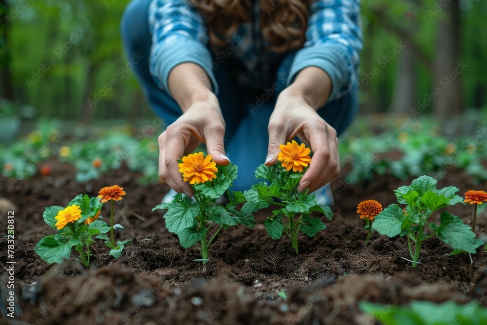 Fototapeta premium A person plants a vibrant marigold in the soil, engaging in mindful gardening.