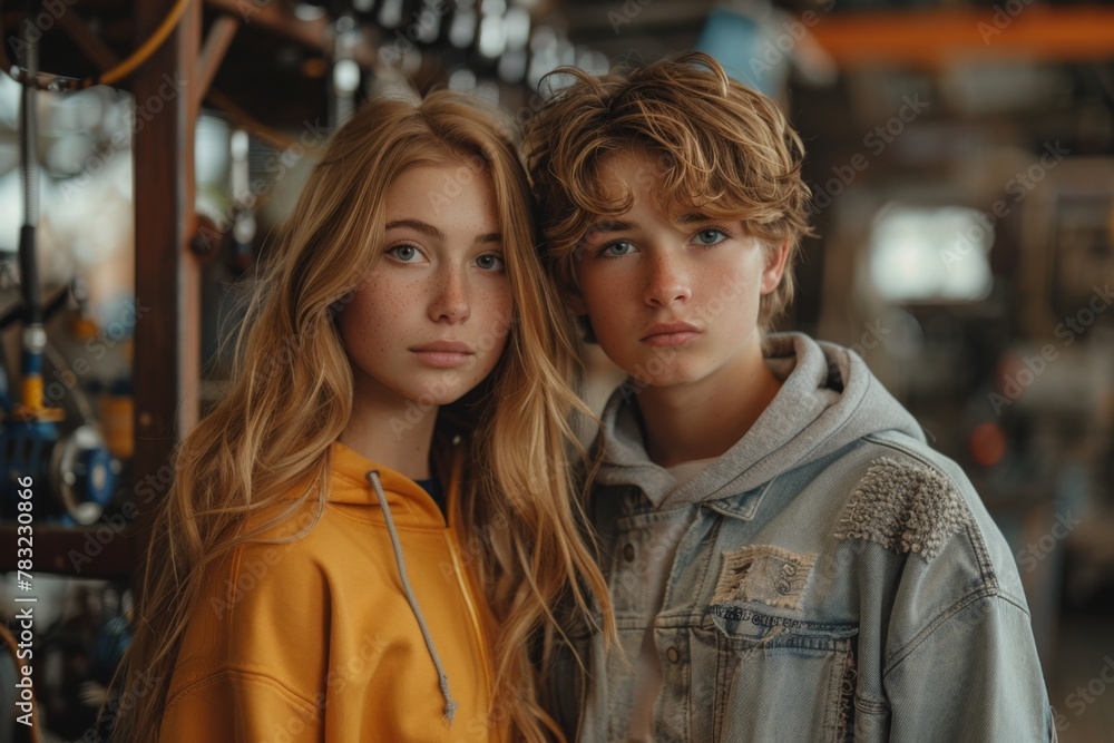 Two youths with captivating blue eyes stand close, sharing a moment of connection.