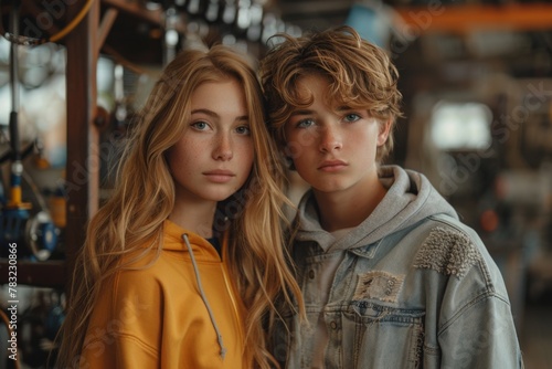 Two youths with captivating blue eyes stand close, sharing a moment of connection. © Good AI