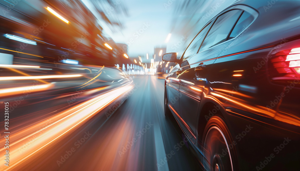 Fast speed moving modern car moving transport in motion on the road, blurred long exposure hyper lapse lights around. Fast speed moving modern car moving transport in motion on the road, blurred long exposure hyper lapse lights around.