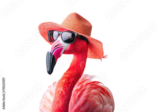 Funny flamingo in sun glasses and hat on transparent. Summer travel poster concept