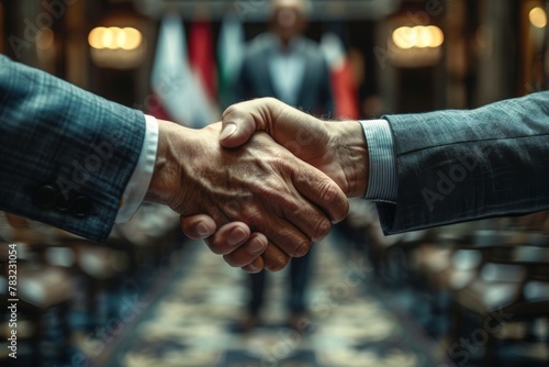 A close-up of a firm handshake between two formally dressed individuals. photo