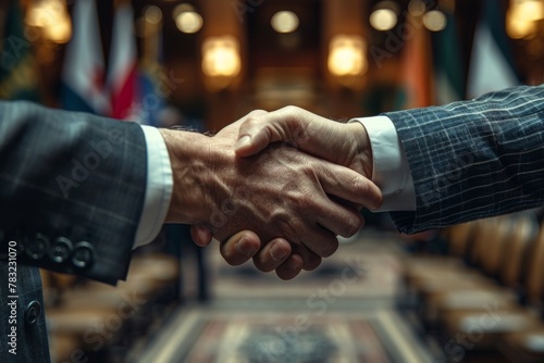A close-up of a firm handshake between two formally dressed individuals. photo