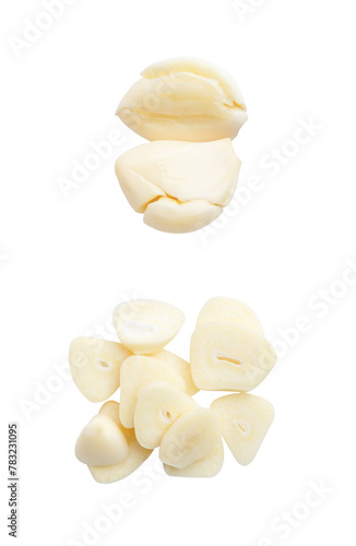 Top view set of fresh pounded garlic cloves and slices in stack isolated with clipping path in png file format