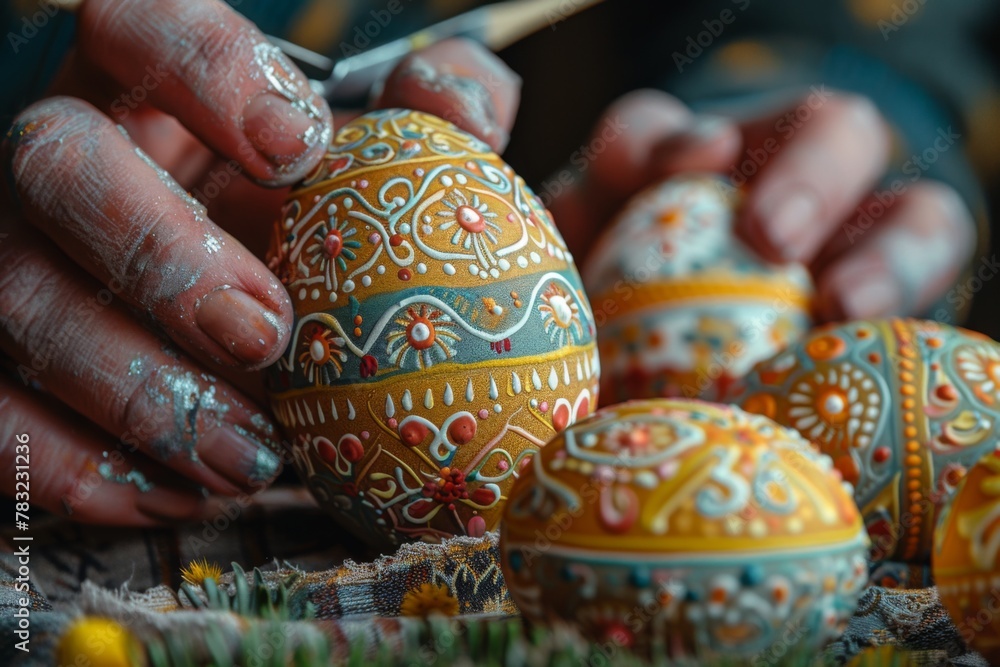 Close-up of hands meticulously decorating traditional Easter eggs with intricate patterns.