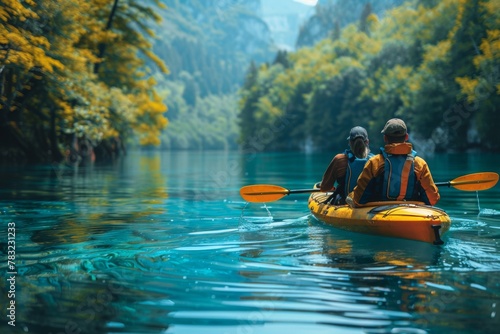 Couple in a yellow tandem kayak on crystal clear waters with dense forest in the background.