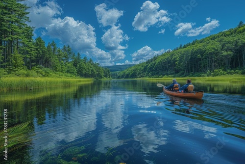 Two individuals in a kayak on a placid lake surrounded by lush greenery and clear skies.