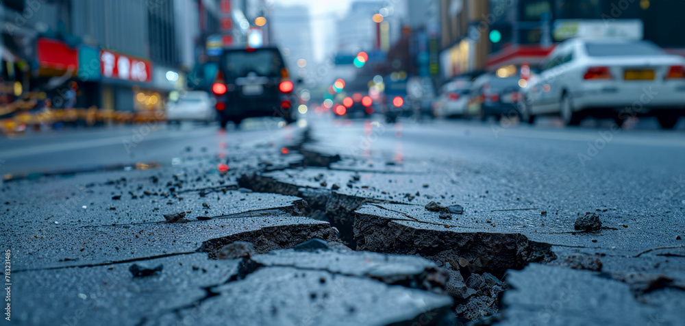 Damaged city road with cracks and potholes in urban setting