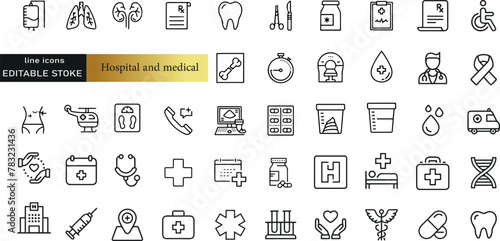 Thin line icons set of hospital and medical care. Outline symbol collection. Editable vector stroke. 64x64 Pixel Perfect.