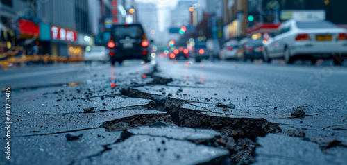 Damaged city road with cracks and potholes in urban setting photo