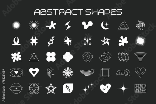 Set of abstract, futuristic, retro Y2K elements for design. Vector big collection of abstract graphic geometric elements, symbols and objects
