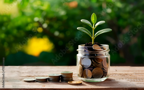 A small glass jar with some coin in it and a sapling of a small plant in it. plant growing out of coins in glass jar with filter effect retro vintage style. Investment concept, growth, photography