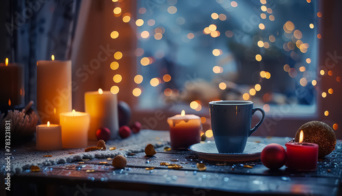 A table with a tea set, candles, and a cup of tea